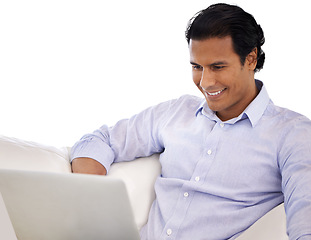 Image showing Remote work, laptop and happy businessman on a sofa for web, research or client communication. Freelance, pc or real estate agent online in show house living room for property, appointment or meeting