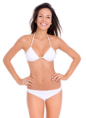 Image showing Sexy, woman and confident portrait in bikini on studio, white background and mock up with fashion. Swimwear, model and girl in underwear with beauty for vacation or style for holiday with happiness