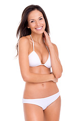 Image showing Happy woman, portrait and bikini for fashion and beauty with smile, swimwear style with cosmetics and skin on white background. Healthy glow, wellness with model in beach wear or underwear in studio