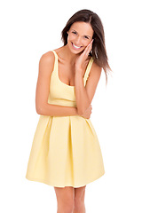 Image showing Woman, portrait and happy for fashion in studio, smiling and pride for stylish clothing. Female person, confidence and summer dress on white background, trendy and satisfaction for designer outfit