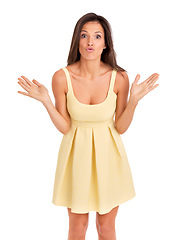 Image showing Woman, portrait and confused for fashion in studio, doubt and what for stylish clothing. Female person, thoughtful and summer dress on white background, beauty and contemplating the trendy outfit