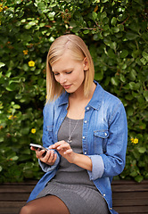 Image showing Phone, search and woman relax in a park for social media, streaming or reading blog news outdoor. Smartphone, app or female person in nature with internet chat, scroll or web communication on holiday