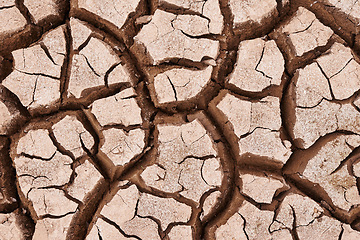 Image showing Erosion, dry and ground with cracks, nature and landscape with environment, dust and soil. Empty, barren and drought with extreme weather and climate change with ecology, earth and natural disaster