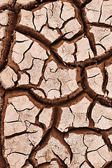 Image showing Environment, dry and ground with cracks, nature and landscape with erosion, dust and soil. Empty, barren and drought with extreme weather and climate change with ecology and water shortage from above