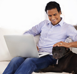 Image showing Man, dog and face with laptop on sofa for bonding, playing or happiness with remote work in home. Animal, person and cuddle with smile on couch in living room for research, comfort and love for puppy