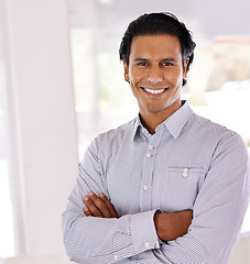 Image showing Portrait, smile and business man with arms crossed in home for job or career of employee in Brazil. Face, happy professional and confident entrepreneur, realtor or real estate agent working in house