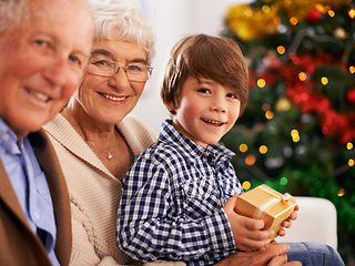 Image showing Grandparents, child and Christmas gift as portrait for festive season celebration for tradition, presents or bonding. Elderly couple, boy and present box in home in Canada for vacation, love or happy