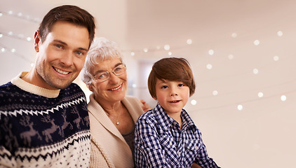 Image showing Christmas, father or portrait of happy child with grandmother on bokeh, bonding or family having fun together at festive celebration in home. Xmas, face or kid with dad or grandma at party on holiday