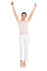 Image showing Business woman, portrait and celebration in studio, smile and pride for career win on white background. Female person, full body and fist pump for promotion, bonus and happy for opportunity or reward