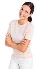 Image showing Business woman, portrait and arms crossed in studio, smile and pride for career on white background. Female person, confident and happy for startup company, entrepreneur and positive for opportunity