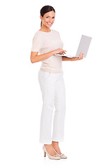 Image showing Businesswoman, laptop and planning in studio, portrait and internet for research on white background. Happy female person, full body and online for social media, email and website for opportunity