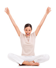 Image showing Woman, portrait and excited for celebration in studio for achievement congratulations, winning or promotion. Female person, face and white background for competition or mockup, reward or good news