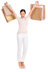 Image showing Woman, portrait and shopping bags or excited for deal as customer or discount, promotion or giveaway. Female person, face and fashion product on white background for purchase, retail or mockup space