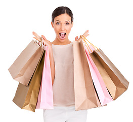 Image showing Woman, portrait and shopping bags or excited for sale as customer or discount, promotion or giveaway. Female person, face and mall product on white background for purchase, retail or mockup space