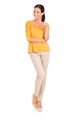 Image showing Woman, fashion and portrait for elegance, point and smile in outfit in studio for minimalist style. Female person, happy and yellow top by white background, proud and confident in attractive apparel