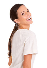 Image showing Woman, laughing and portrait with beauty and fashion in studio, white background or mock up. Happy, model and creative style for work as professional art director with a smile on face with makeup