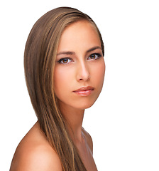 Image showing Woman, portrait and serious for beauty in studio, skincare and cosmetics on white background. Female person, facial treatment and confidence for shine, attitude and pride for glow or dermatology