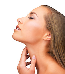 Image showing Woman, calm and beauty with skincare, profile and facial treatment in a studio. Dermatology, wellness and natural glow with relax female person and skin cosmetics for face with white background