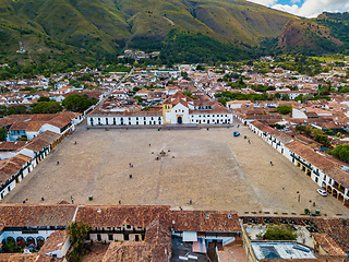 Image showing Aerial view of the Plaza Mayor, largest stone-paved square in South America, Villa de Leyva, Colombia