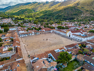 Image showing Aerial view of the Plaza Mayor, largest stone-paved square in South America, Villa de Leyva, Colombia