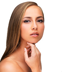 Image showing Girl, portrait and cosmetics beauty in studio, aesthetic and self love in backdrop of white background. Female person, makeup and glow with shine on face from skincare and dermatology for model