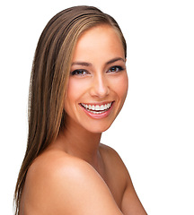 Image showing Portrait, smile and woman with beauty, cosmetics and person isolated on a white studio background. Face, model and girl with healthy skin or grooming with facial and wellness with makeup or aesthetic