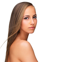 Image showing Woman, portrait and breeze for haircare in studio, attitude and keratin treatment or shampoo. Female person, serious and beauty in hairstyle, wind and healthy hair by dermatology on white background