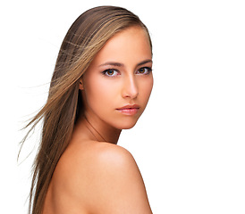 Image showing Woman, portrait and breeze for hair in studio, attitude and keratin treatment or shampoo care. Female person, serious and beauty in hairstyle, wind and cosmetics by dermatology on white background