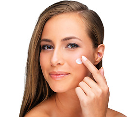 Image showing Woman, portrait and skincare hand or lotion in studio for healthy treatment for cleaning, makeup or white background. Female person, face and finger or creme for dermatology, mockup space or wellness