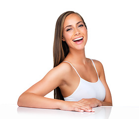 Image showing Makeup, portrait and happy woman in studio for beauty, cosmetics or results on white background space. Wellness, face or female model with glowing skin, glamour or dermatology, shine and satisfaction