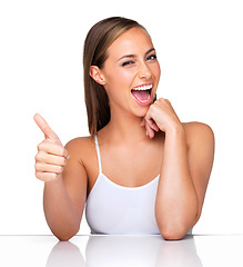 Image showing Portrait, makeup or happy woman with thumbs up in studio for cosmetic, approval or success on white background. Beauty, face or excited model show winner hand emoji for dermatology, support or praise