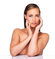 Image showing Portrait, beauty and woman with skincare, cosmetics and person isolated on a white studio background. Face, model and girl with confidence, shine and glow with texture and wellness with dermatology