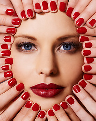 Image showing Beauty, makeup and portrait of woman with manicure, glamour and lipstick with creative aesthetic. Luxury cosmetics, face and hands with red nail polish for self care, shine and model with facial