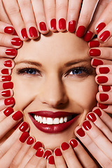 Image showing Beauty, cosmetics and portrait of woman with manicure, smile and lipstick with creative aesthetic. Luxury makeup, face and hands with red nail polish for self care, shine and happy model with product