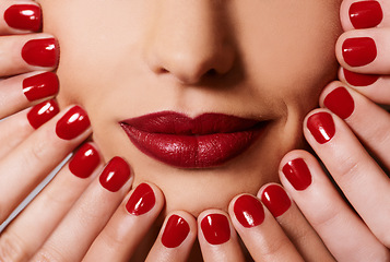 Image showing Beauty, cosmetics and woman with manicure, red lipstick and creative aesthetic for glamour. Luxury makeup, face and hands with nail polish for self care, shine and happy mouth of model with product