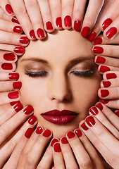 Image showing Beauty, cosmetics and relax, woman with manicure and red lipstick for creative aesthetic. Luxury makeup, face and hands with nail polish for self care, shine and confident model with salon product