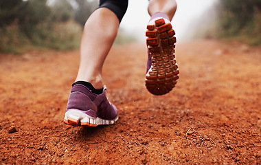 Image showing Fitness, shoes and running woman in park closeup for training, exercise or wellness outdoor. Workout, sneakers and legs of female runner in nature for morning cardio, sports or marathon run routine