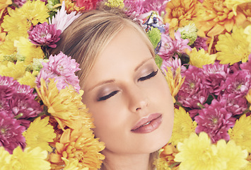 Image showing Woman, face and flowers with makeup for beauty, creativity and wellness with spring aesthetic and floral art. Model, organic cosmetics and carnation plants for facial glow, skincare and flowerbed