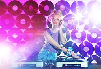 Image showing Portrait, music and woman dj with mixer on wall background for entertainment at club, disco or party. Concert, dance or event with light for performance and disc jockey mixing audio or sound
