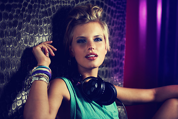 Image showing Woman, portrait and fashion with headphones or music entertainment or song, listen or techno. Female person, makeup and rock playlist on weekend or audio radio or podcast, streaming or subscription