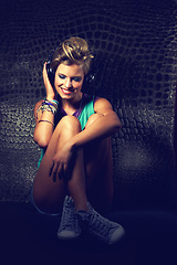 Image showing Happy, listening to music and woman with headphones, streaming a podcast on wall background. Person, excited or girl with headset or entertainment with song or audio track with sound, scales or radio