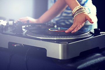 Image showing Hand, turntable and music for club performance as dj at techno rave for streaming audio track, hiphop or entertainment. Equipment, mix and record scratch for listening concert, playlist or weekend