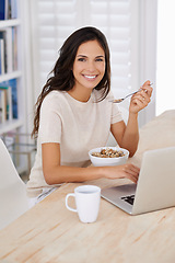 Image showing Woman, breakfast and cereal with laptop remote work from home in portrait with smile for healthy meal. Person, freelance writer and eating for diet, nutrition or computer at table in morning at house