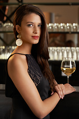 Image showing Woman, portrait and bar counter at cocktail event with alcohol, fashion and fancy night. Drink, confidence and party with elegant and stylish clothing with glamour in a restaurant for fine dining