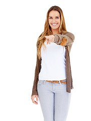 Image showing Woman, pointing and portrait for choosing you in studio, selection and mockup space for information. Female person, direction and guide on white background, smiling and pride for decision or pick