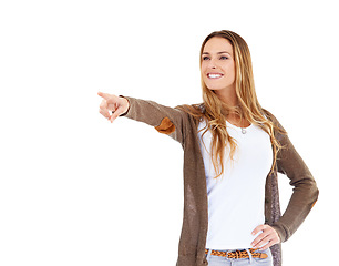Image showing Woman, pointing finger and recommendation in studio or review announcement or opportunity, presentation or white background. Female person, hand gesture and mockup or show promo, decision or choice