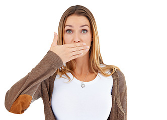 Image showing Studio, portrait and woman with fashion, shocked and white background with silence. Model, wow and secret with mistake, failure or panic for emotional stress or surprise and hand for announcement