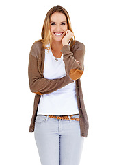 Image showing Woman, portrait and excited smile in studio with white background or good mood, mockup space or positivity. Female person, model and face or happy in Canada or joyful for peace, weekend or cheerful