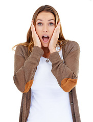 Image showing Studio, portrait and woman with fashion, surprise and white background. Model, amazed or shocked with promotion, announcement or news with notification or gossip and reaction for information