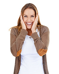 Image showing Portrait, studio and smile with fashion, surprise and white background with happiness. Model, woman and shock for good news, announcement or achievement with notification and excited expression